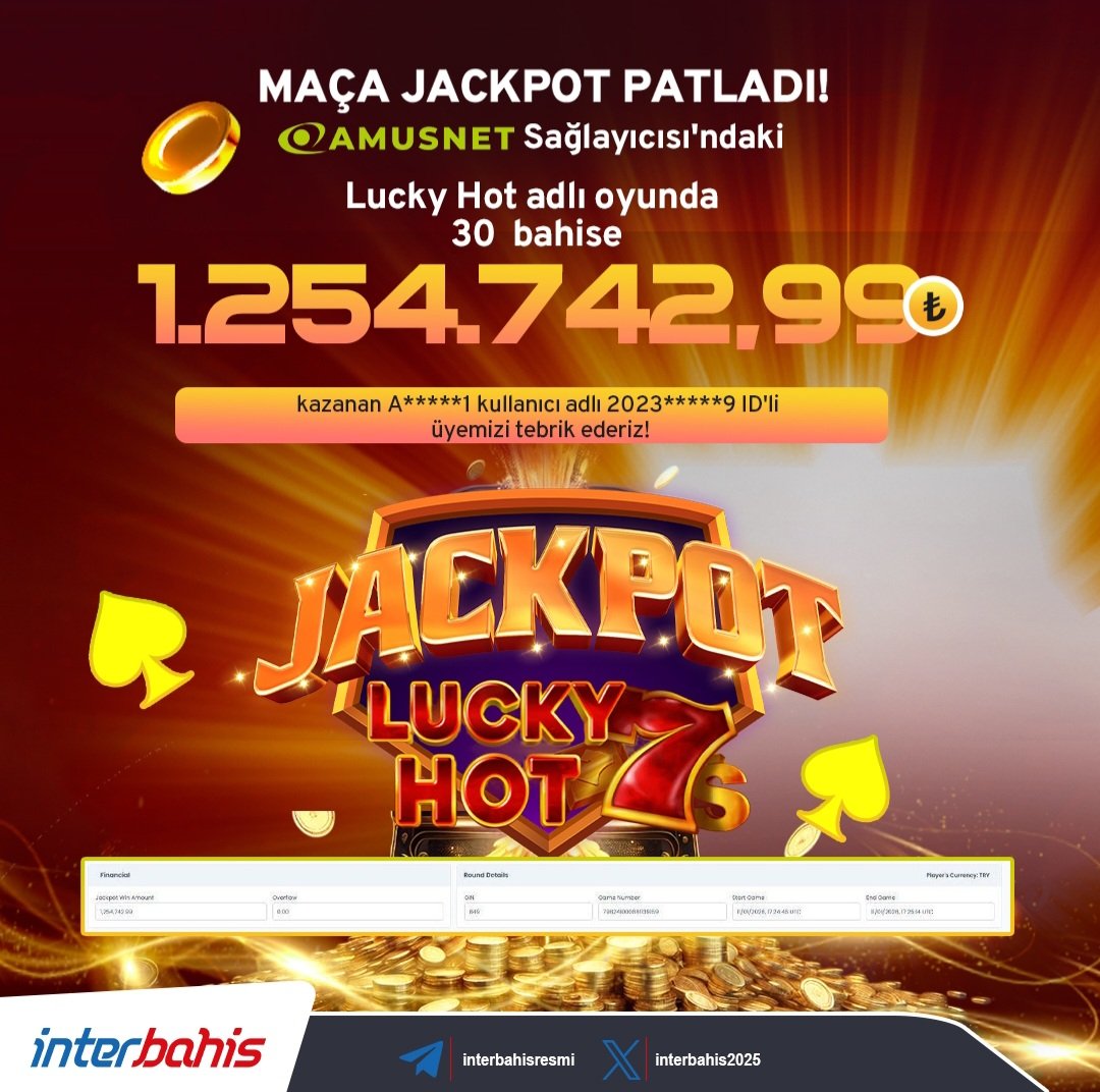 interbahis2025's tweet photo. ♣️ MAÇA JACKPOT PATLADI! ♣️

☘️ Amusnet Sağlayıcısı'ndaki Lucky Hot Adlı Oyunda 30₺ Bahise 1.254.742,99₺ Kazanan Üyemizi Tebrik Ederiz! 👏🏻👏🏻

🤩 Sen De İnterbahis'li Ol, Sen De Kazan! 💸

⏩️ Güncel Adres: https://t.co/6LEjhjhfkF

#interbahis #jackpot #maçajackpot #Milyoner https://t.co/FVl8gA2IjH