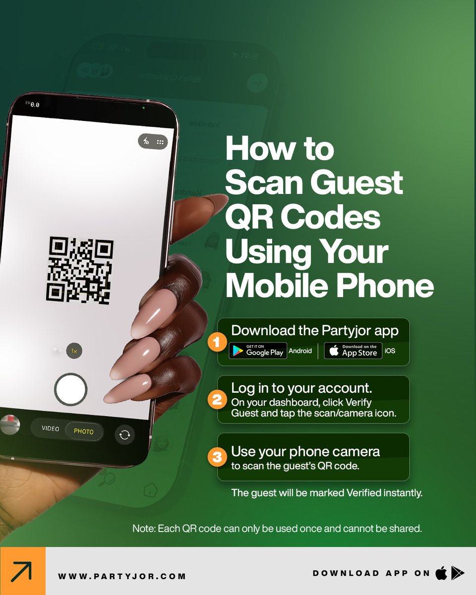 partyjor's tweet photo. Event check-ins shouldn’t slow you down.
With Partyjor, scan guest QR codes using your phone and verify attendance instantly.
One code. One entry. No sharing.
Smooth events start here.
#Partyjor #EventPlanning #digitalinvitation #eventwebsite #Raininjanuary #Sundayoliseh https://t.co/7pY9yHGzTx