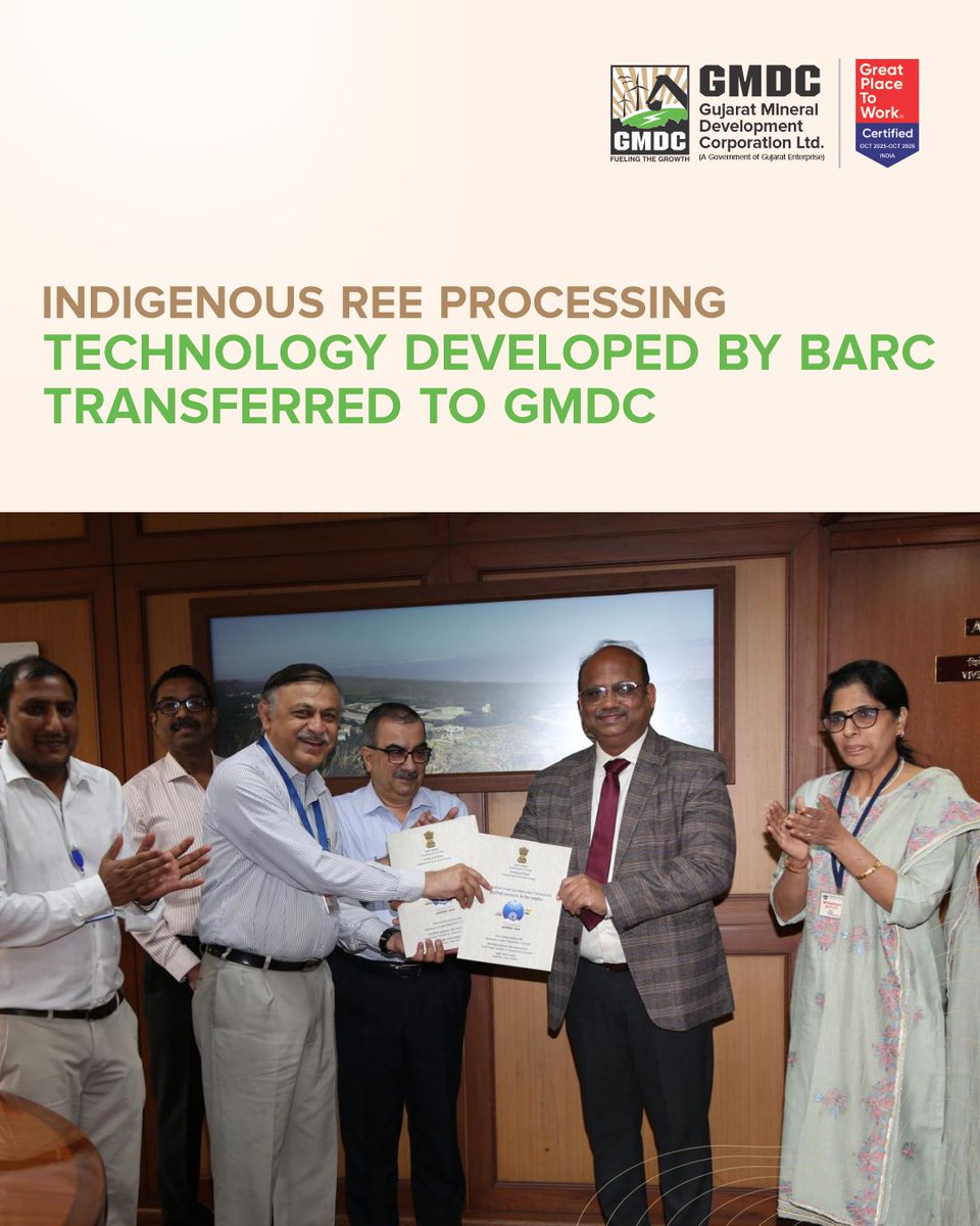 As another progressive step in India’s critical minerals journey, GMDC has received an indigenous rare earth processing technology from BARC, DAE, Government of India. The collaboration strengthens domestic capability and moves the project towards pilot-scale validation.