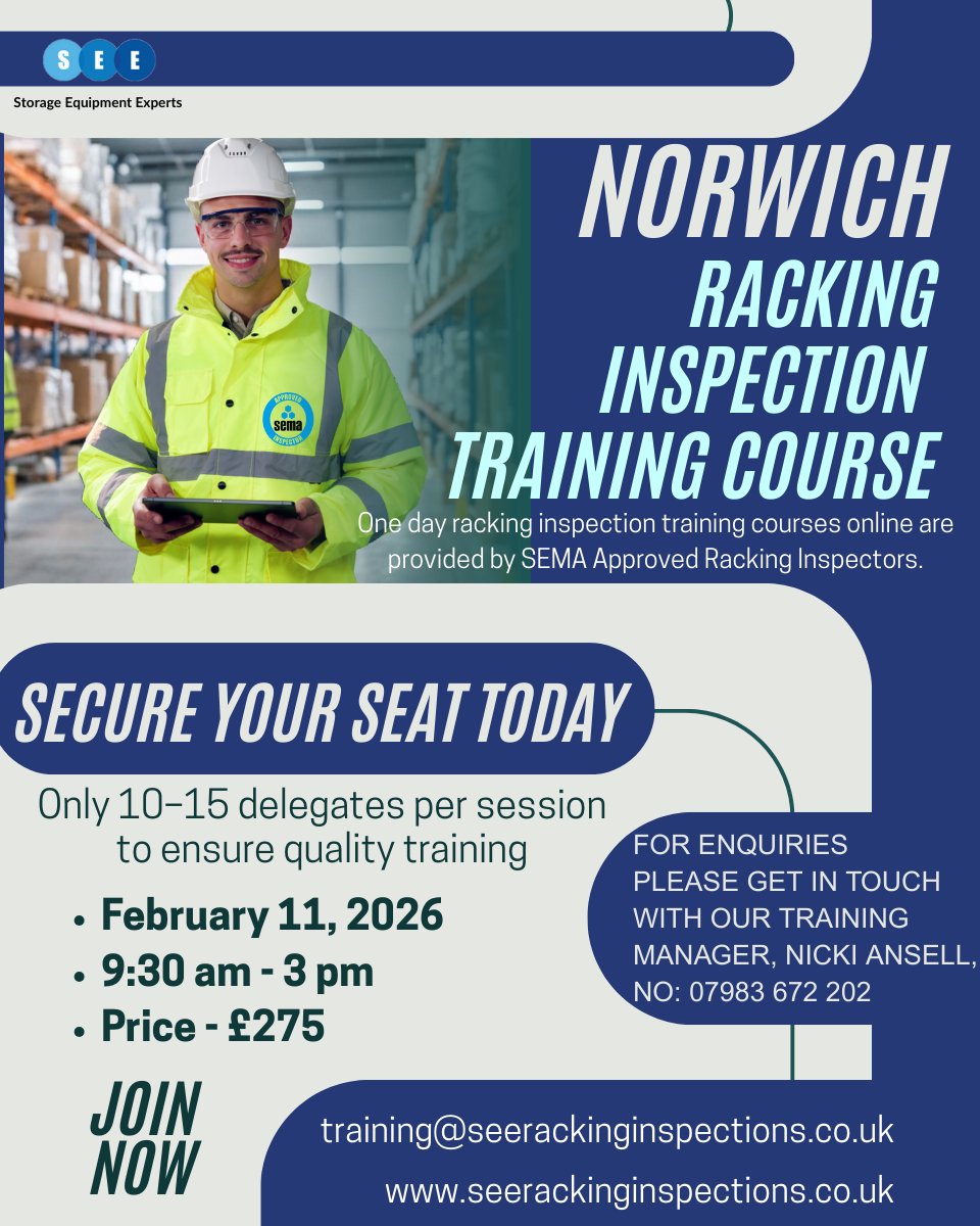 _see_racking's tweet image. 📦 One-Day Racking Inspection Training – Norwich

✔ Delivered by SEMA Approved Racking Inspectors
 ✔ Small groups (10–15 delegates) for quality learning
 
📅 11 February 2026
 ⏰ 9:30 am – 3:00 pm
 💷 £275
 
🔗 seerackinginspections.co.uk/training-cours…
 
#OneDayTraining #RackingInspection