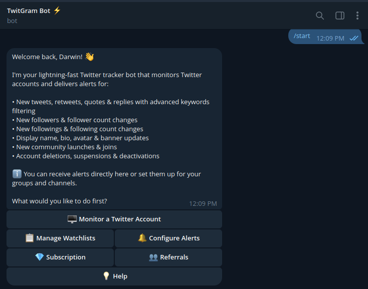 Twitgram_HQ's tweet photo. @heisajeet @SammyKing_0 You should try #Twitgram if you are mainly on Telegram.
This is what you get π, with a free trial to test the features, including group and channel alerts.
#XTracker #TwitterTracker https://t.co/lLNKzIK4Wj