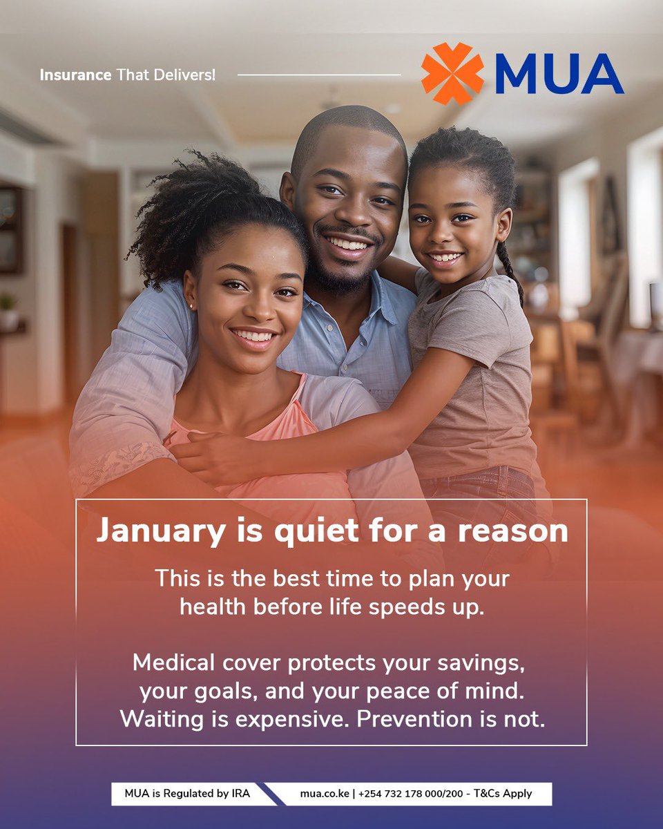 MUA_Kenya's tweet image. January is calm. Use it wisely.

Lock in your medical cover before life turns the volume up. Protect your savings. Guard your goals. Keep your peace where it belongs.

Waiting drains pockets. Prevention keeps you winning

#MUAInsurance #MUAcares #InsuranceKe #MedicalCover #Health