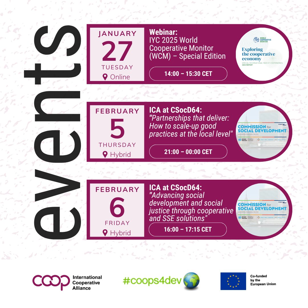 icacoop's tweet image. 📅 Key ICA events ahead in January &amp;amp; February:

📊 27 Jan | Webinar: IYC2025 World Cooperative Monitor
🏛️ 5 Feb | ICA at #CSocD64: Multi-stakeholder Forum
🤝 6 Feb | ICA at #CSocD64: Side Event with COPAC

🔗Register &amp;amp; info: ica.coop/en/events

#IYC2025 #CoopsYear #Coops4dev