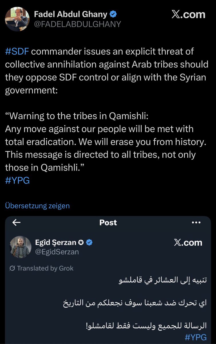 ScharoMaroof's tweet image. The Syrian Government seems to have lost their minds. 
Their media sphere has now started to screenshot posts written by angry Kurds and presents them as *YPG Commanders* 
Naturally, they use it to deepen the ethnic tensions between Arabs and Kurds in Syria. 

This is beyond…