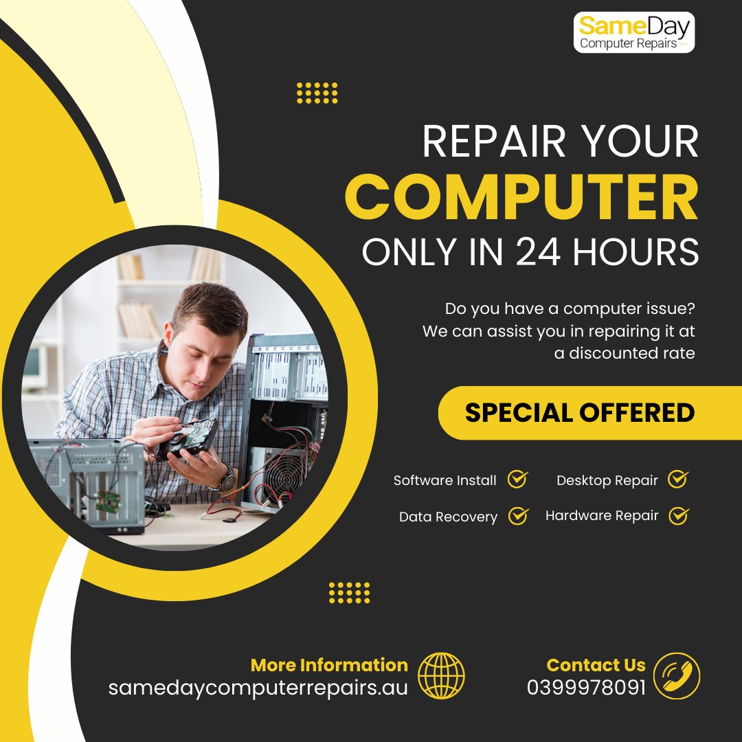 pc_repairs0's tweet image. We offer fast, reliable services for all your computer issues at a discounted rate! Whether it’s software installs, hardware repairs, or data recovery, we’ve got you covered.

Visit: samedaycomputerrepairs.au/computer-repai…

#ComputerRepairs #SameDayService #DiscountedRepairs #TechHelp