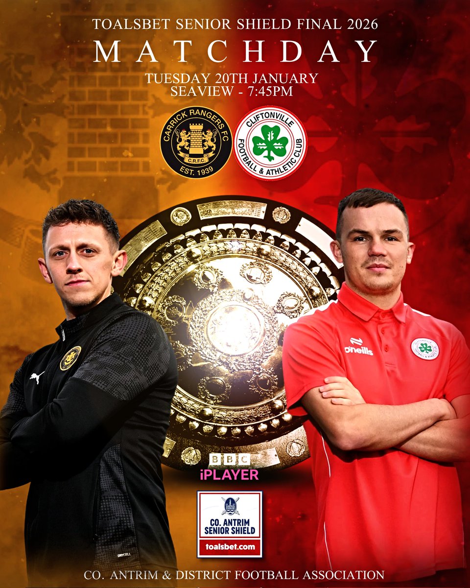 𝗠𝗔𝗧𝗖𝗛𝗗𝗔𝗬 🛡 

The wait is over as tonight sees the ToalsBet.com Senior Shield Final.

🆚️ Carrick Rangers vs Cliftonville
📅 Tue 20th Jan
🏟 Seaview 
⏰️ 7:45pm
📺 Live on BBC iPlayer