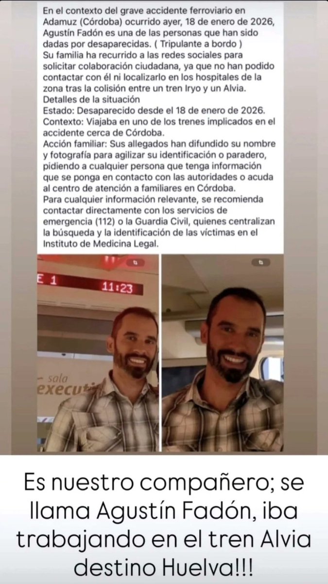 trucin_'s tweet photo. Es Agustín Fadon, tripulante del tren Alvia . Su familia, amigos y compañeros le seguimos buscando. #Alvia #AccidenteFerroviarioAdamuz #Desaparecido #cruzroja #GuardiaCivil https://t.co/3nqzjfXZQ9