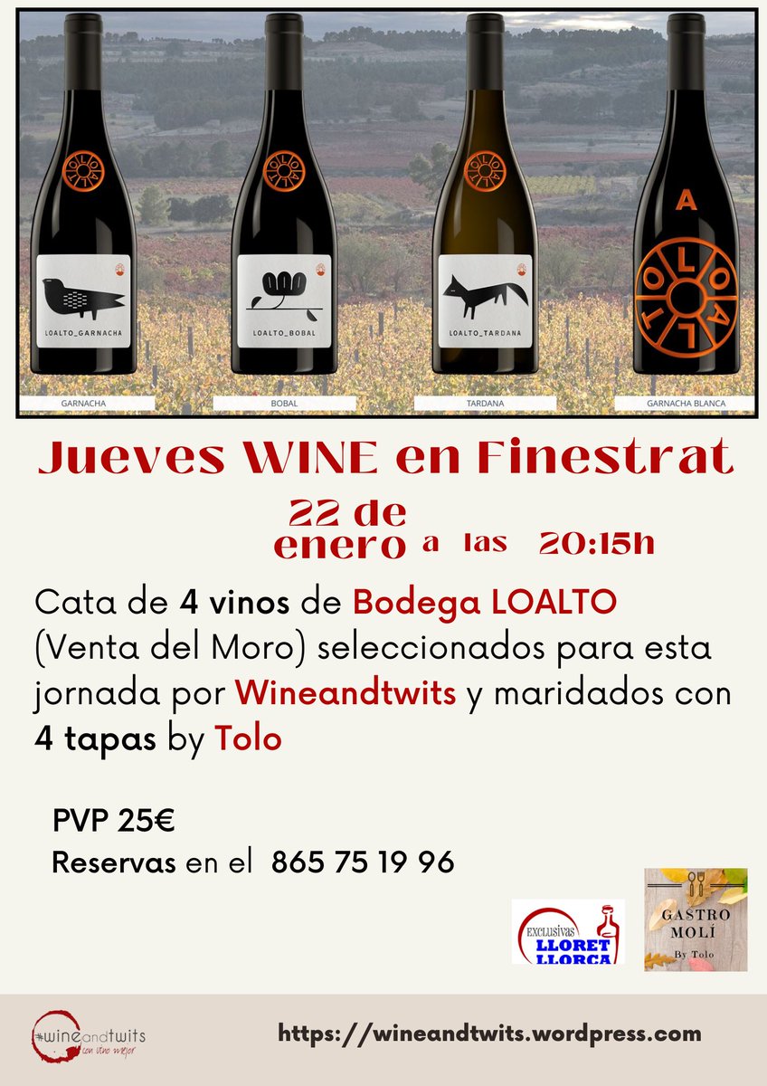 ¡Últimas plazas para el evento #wine en #Finestrat del próximo jueves con <a href="/wineandtwits/">#wineandtwits</a> ! Os esperamos con la selección de 4 vinos #LOALTO by <a href="/vinosmurviedro/">Bodegas Murviedro</a> que armonizaremos con la gastronomía de TOLO Climent en #GastroMoli ☺️😋🥂