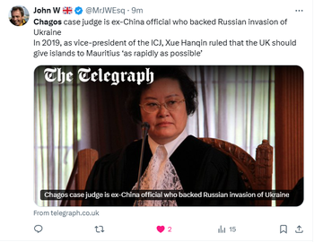Soromolyce's tweet image. One of the ICJ judges was a member of the Chinese government who thinks Russia was right to invade Ukraine.  Is anybody going to tell me she might not be just a little bit biased in her opinions?