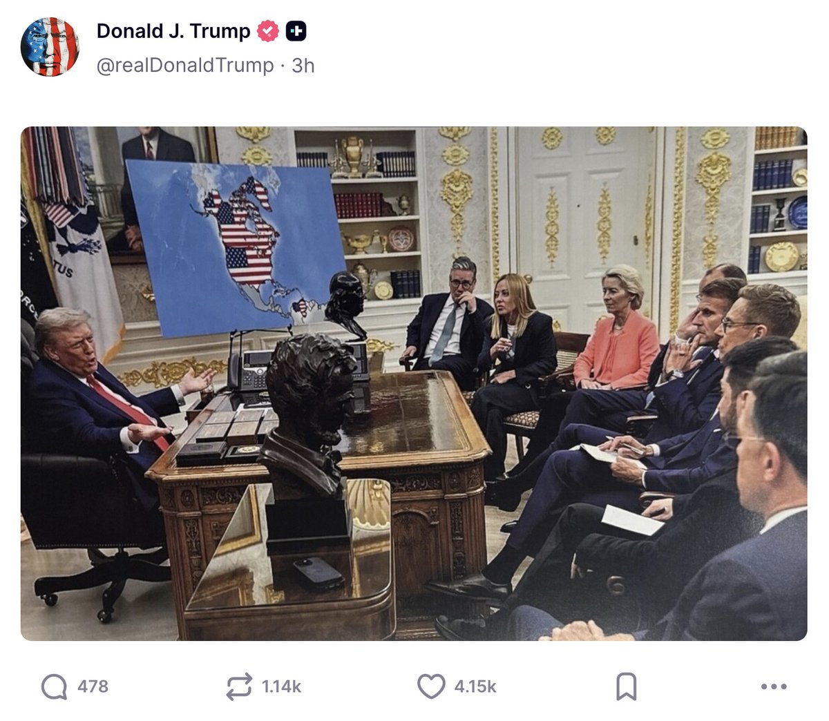 Nu ļoti adekvāti ir ASV prezidentam publicēt šādas bildes, kurās Grenlande un Kanāda pieder ASV. Nepietika ar vienu idiotu austrumos, vēl jāņem vērā, ka tāds pats idiots tikai ar vairāk resursiem ir rietumos.