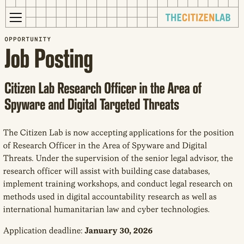 forensico's tweet photo. L'attività di ricerca di #thecitizenlab in ambito #spyware è nota e non hanno bisogni di presentazioni, magari non è noto a tutti che stano cercando un collaboratore nell'area della ricerca di minacce digitali mirate. 📲
Chi fosse interessato ha tempo fino al 30 gennaio per candidarsi al #job posting di @citizenlab: il lavoro mi pare molto interessante e in questo periodo anche piuttosto attuale e coinvolgente, se pensiamo alle vicende legate a #Paragon con #Graphite e ai vari spyware emersi in the wild. 🕵
I dettagli dell'offerta (profilo ricercato, tipo di lavoro, dettagli sulla posizione e processo di candidatura) nella sezione Job Posting del sito di The Citizen Lab! 🙂
https://t.co/d7GQU8agvZ