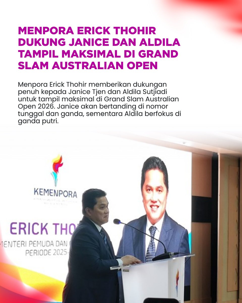 fokusberitaid's tweet photo. Menpora Erick Thohir dukung penuh bagi Janice Tjen dan Aldila Sutjiadi menghadapi Grand Slam Australia. Momentum internasional ini diharapkan jadi lompatan prestasi bagi tenis Indonesia.
#berita #kemenpora #menporafu #erickthohir https://t.co/cTmVMifV8V
