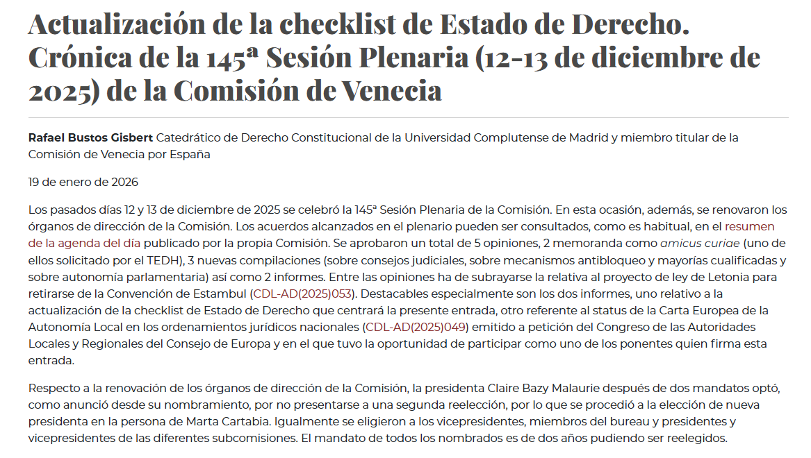 cepcgob's tweet photo. Nueva entrada en el #BlogCEPC
"Actualización de la checklist de Estado de Derecho. Crónica de la 145ª Sesión Plenaria (12-13 de diciembre de 2025) de la Comisión de Venecia" por Rafael Bustos Gisbert @BustosBaggings
https://t.co/iVw61eks8O https://t.co/aGk2ZtSGQi