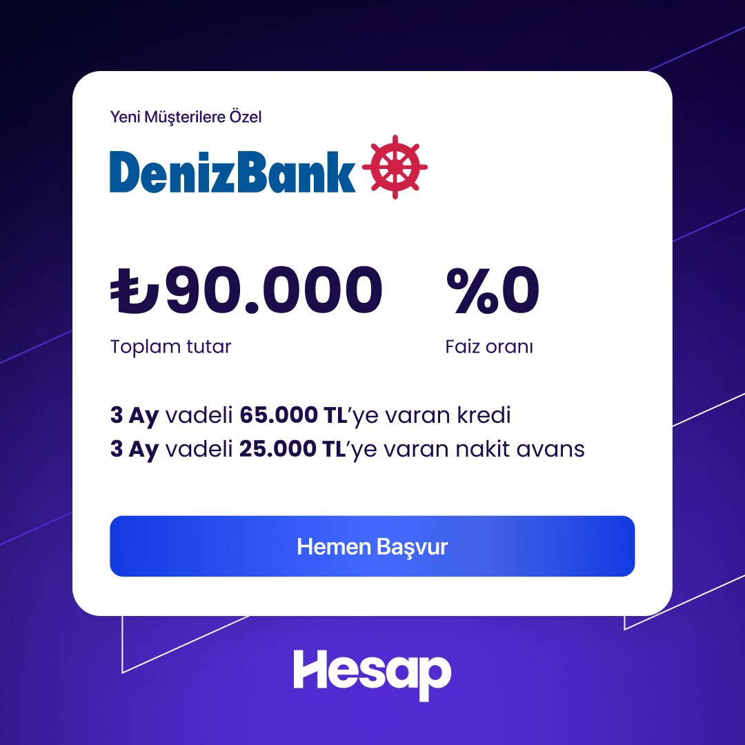 birikimsever's tweet photo. Doğru zamanda, doğru miktarda kullanılan kredi insanın elini rahatlatır.

Plan varsa, stres azalır.

Hesap’ta Denizbank’ın yeni müşterilerine özel 90.000₺ %0 faizli kredi teklifi var! 

Kredi: 65.000₺
Taksitli Nakit Avans: 25.000₺

Başvuru için: https://t.co/YhDTj0HARf

#işbirliği