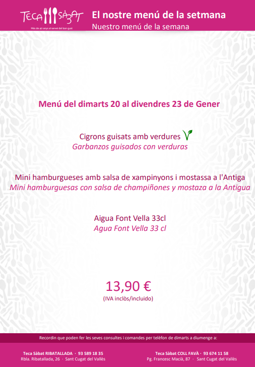 🚨Ja tornem a tenir tenim el nostre menú setmanal disponible!  

Ja pots consultar el nostre menú setmanal i els plats que trobaràs a les nostres botigues:  

👉Cigrons guisats amb verdures
👉Mini hamburgueses amb salsa de xampinyons i mostassa a l'Antiga

tecasabat.com/pdf/Menus.pdf