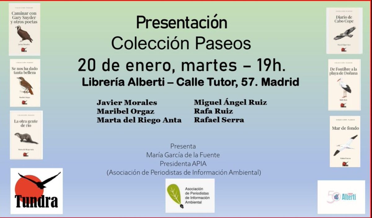 APIA_es's tweet image. 🗓 Hoy
🕓19h
🏢 @LibreriaAlberti #Madrid
#JavierMorales, @CurioNatural, @martadelriego @maruizlv @rafaruizmad #RafaelSerra Colección Paseos de @TundraEdiciones
Presenta @mariagfuente presidenta @APIA_es #GenteAPIA