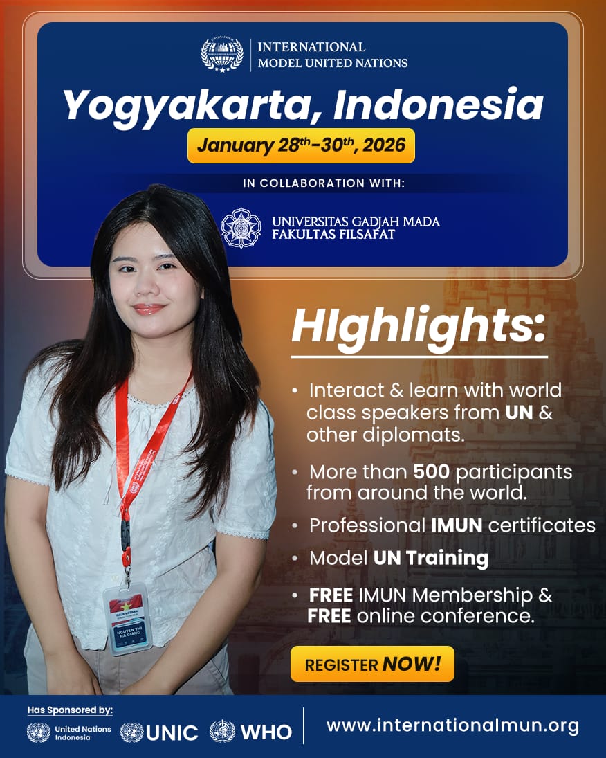 LeonelNdedi's tweet photo. 🌍 Ready for #IMUNYogyakarta2026?
Join 400+ global delegates in Indonesia 🇮🇩 | Jan 28–30, 2026
🎓 UN-level debates • Global networking • Certificates
🔗 https://t.co/cV0e0JmaYv
🎟️ Referral Code: NG19312
#InternationalMUN #ModelUN #FutureLeaders https://t.co/alD50yCwkG