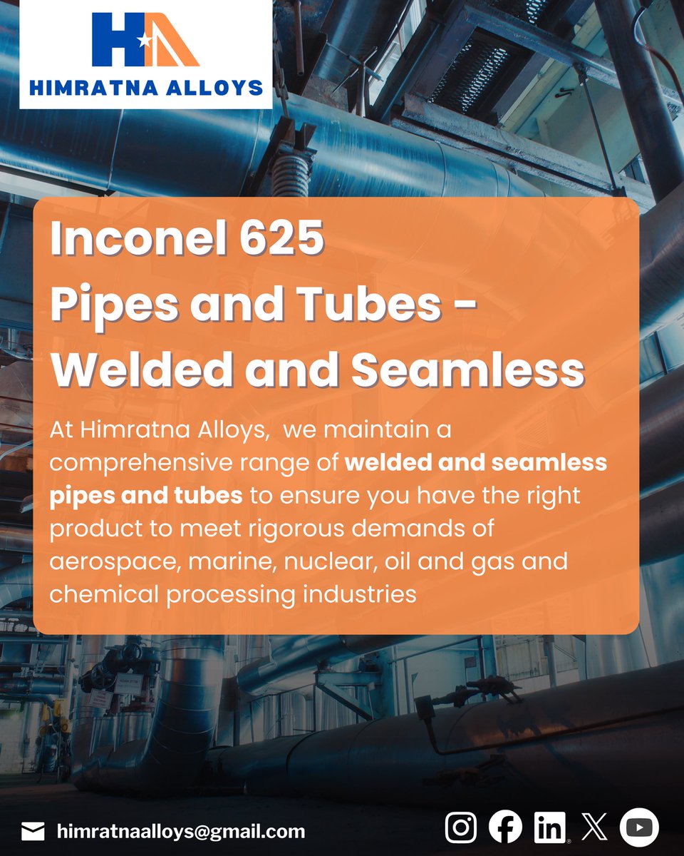 himratnaalloys's tweet photo. Need piping that survives where others melt? 🌡️🔥
Himratna Alloys now has ready stock of Inconel 625 Pipes & Tubes! 🔹 Seamless (ASTM B444) 🔹 Welded (ASTM B705) 🔹 Sizes: 1/8" to 24" NB
#Inconel625 #oilandgas #PipingSolutions #HimratnaAlloys #NickelAlloys https://t.co/hAg4IW5TZ6