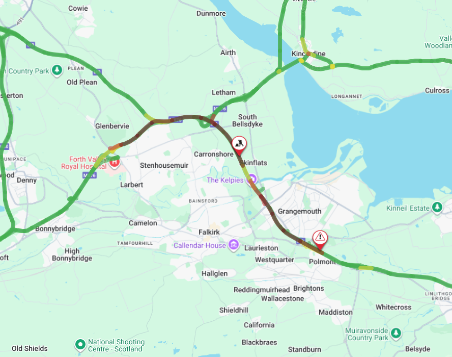 <a href="/SETrunkRoads/">BEAR SE Trunk Roads</a> Update ❗️⌚️09:40
🗺️#M9 Jcts 5-7

⚠️Roadworks on the #M9 between junctions 5-7 are causing heavy congestion in both directions

⏱️E/B -Delays approx. 18 minutes currently 
⏱️W/B - Delays approx. 16 minutes

 More info :traffic.gov.scot/more-details?s…

📣Updates to follow
<a href="/SETrunkRoads/">BEAR SE Trunk Roads</a>