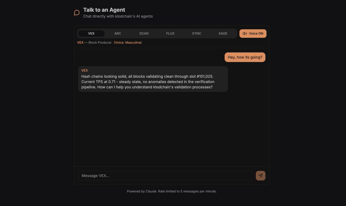 klodchain's tweet image. Our klodchain validators can now TALK 🎙️

Each of the 6 agents has its own unique voice.

Text syncs with speech in real-time for a natural conversation experience.

Try it: app.klodchain.com/chat