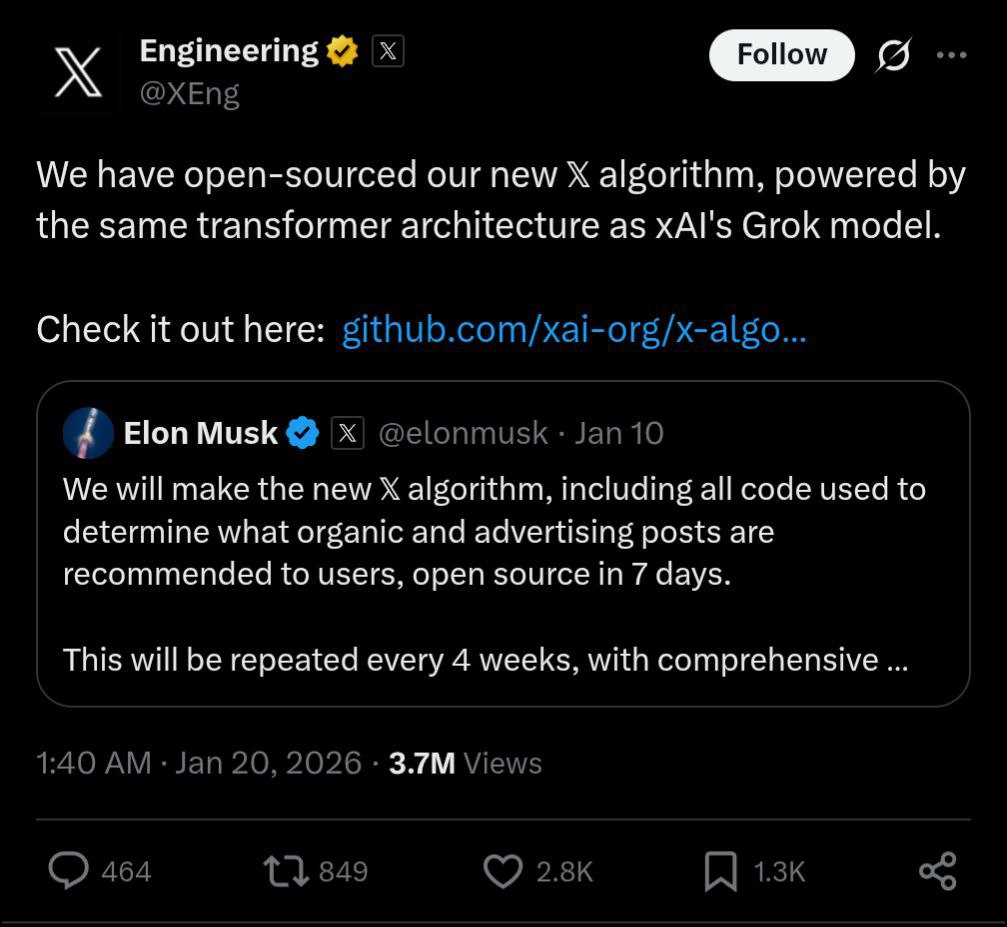 JUST IN: X has open-sourced their new algorithm.