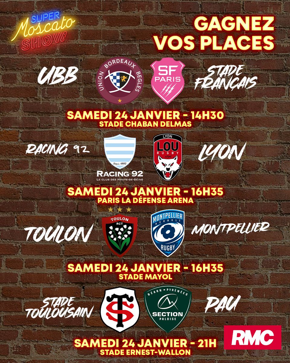 🎁 Gagnez vos places pour les rencontres du Top 14 de ce week-end.

📱 RT + Follow <a href="/Moscato_Show/">Super Moscato Show</a> et donnez en commentaire le match auquel vous voulez assister.

🍀 Bonne chance !