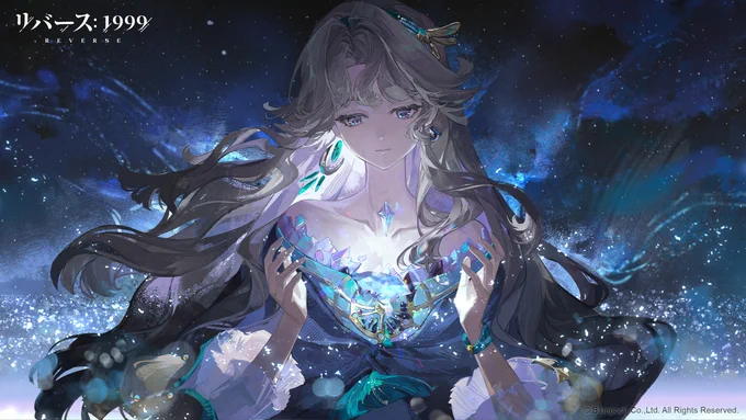 【ベリル KV】 -『川の中へ』- 瞬き、光を屈折させる透明な水晶。その流光の中では、舞い踊る塵すらも金色に輝く。自分には何ひとつ見えていない--その事実を知った時、彼女の心はふと軽くなった。 #リバース1999 #Verꓸ3ꓸ2うつろう饗宴