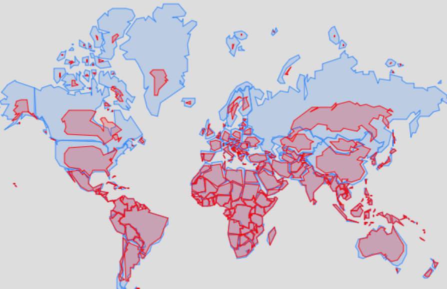 LinusEkenstam's tweet image. Red = True Size
Blue = Mercator projection
