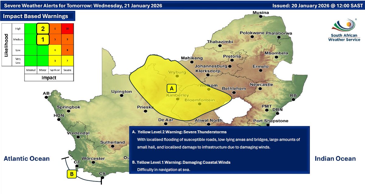 Weather forecast for today &amp; tomorrow, 20 - 21 January 2026.
Partly cloudy &amp; warm to cool conditions are expected with isolated to scattered showers to thundershowers over the central &amp; eastern parts of the country. 
#saws #weatheroutlook #southafricanweather