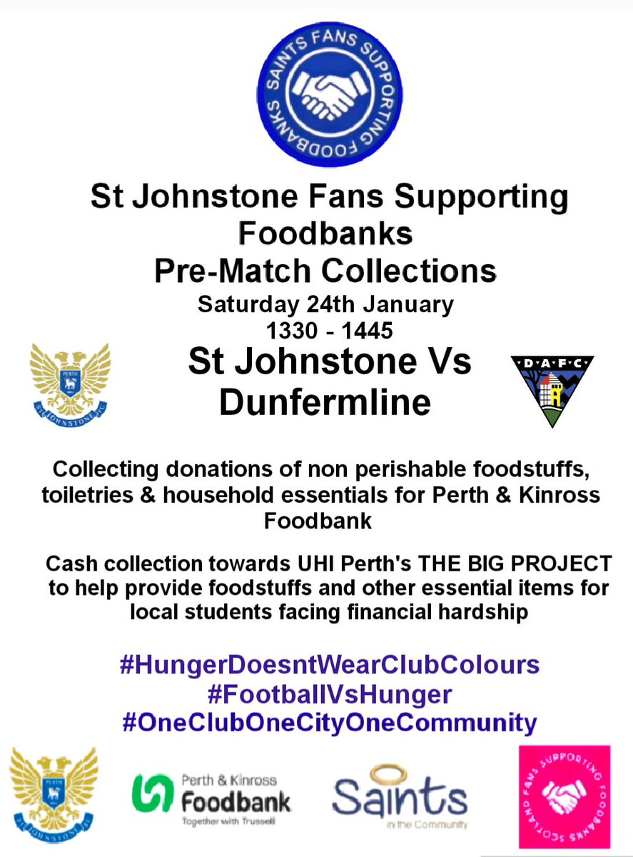 fsfperthsaints's tweet photo. On Saturday it's @StJohnstone Vs @officialdafc and we'll be there pre match collecting non perishable food &amp; toiletries for @KinrossPerth Foodbank. This week our cash collection will support @UhiPerth 's BIG PROJECT to support students struggling with the cost of living https://t.co/rEgRg3yycM
