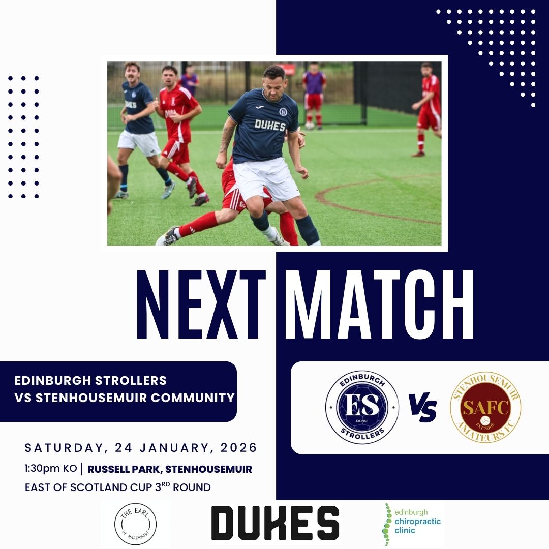 EdinStrollersFC's tweet photo. 🔜 | Upcoming Fixture

We go again in the East of Scotland Cup this week vs @stenny_afc in the 3rd round after last weeks postponement. Further details below ⬇️

@LeafaOfficial @scottish_aff @L1veAtTheAmmys 

Sponsors:
Dukes
The Earl of Marchmont
@ChiroEdinburgh 

🔵⚪️🔵⚪️ https://t.co/Y8PYsfbKjz