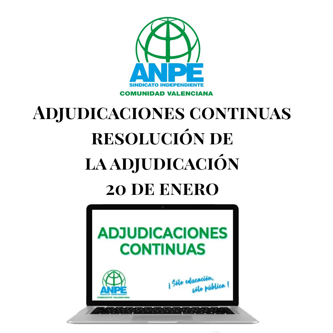 Resolución de la adjudicación del 20 de ENERO de 2026 de los cuerpos de Maestros, Secundaria y otros Cuerpos.

🖍 Maestros:
ceice.gva.es/documents/1629… 

🖍 Secundaria, FP y ERE:
ceice.gva.es/documents/1629… 
 
_ANPE #DocentesComoTú #SindicatoIndependiente #SóloDeEnseñanzaPública_