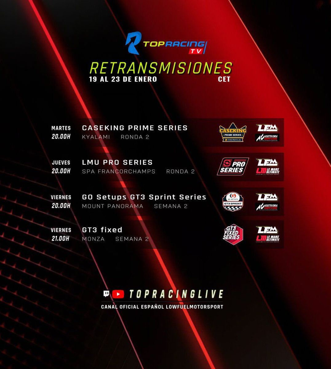 ¿Buscabas acción? ¡Aquí tienes ración doble! 🔥 Esta semana en Top Racing saltamos de las dunas de Kyalami a la mítica subida de Bathurst, sin olvidar el templo de la velocidad en Monza. 🎢🏎️

Tendremos lo mejor de #ACC y #LMU con la calidad de retransmisión que te mereces. 🎙️🇪🇸