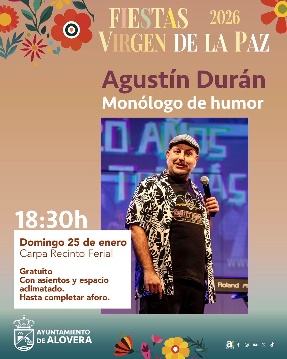 😂 Este domingo toca echarnos unas risas con un monólogo muy divertido de la mano de Agustín Durán.

Será en la carpa con calefacción y asientos hasta completar aforo desde las 18:30h.

Gratuito sin entrada.