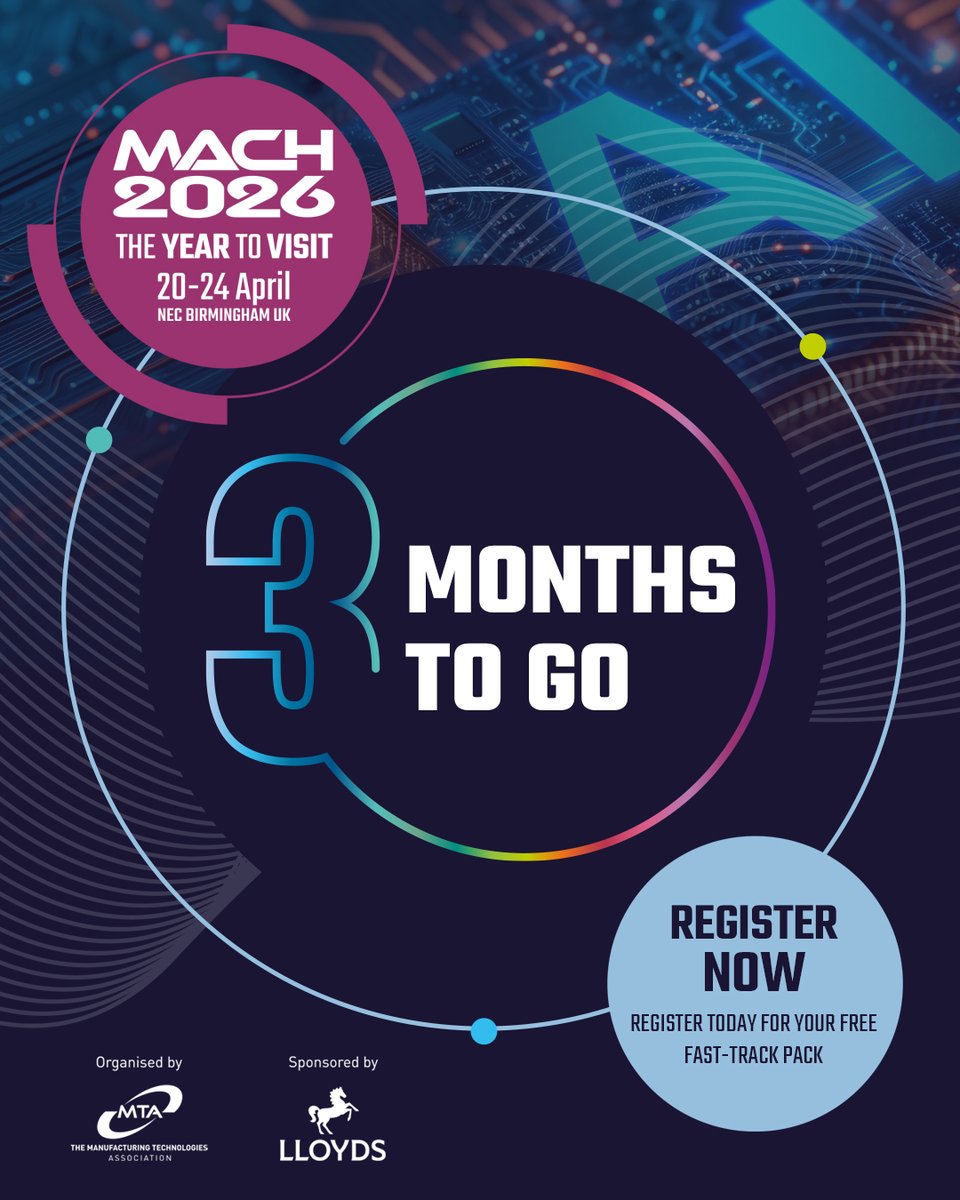 MACHexhibition's tweet image. 3 months to go until #MACH2026! 📣 ⚙️

The UK’s largest manufacturing is almost upon us, MACH 2026 promises to be the best one yet!
Don’t miss out – register for FREE today: ow.ly/VVee50XRP0q

📅 20-24 April 2026 
📍 NEC, Birmingham

#UKmfg #Machinery #Manufacturing