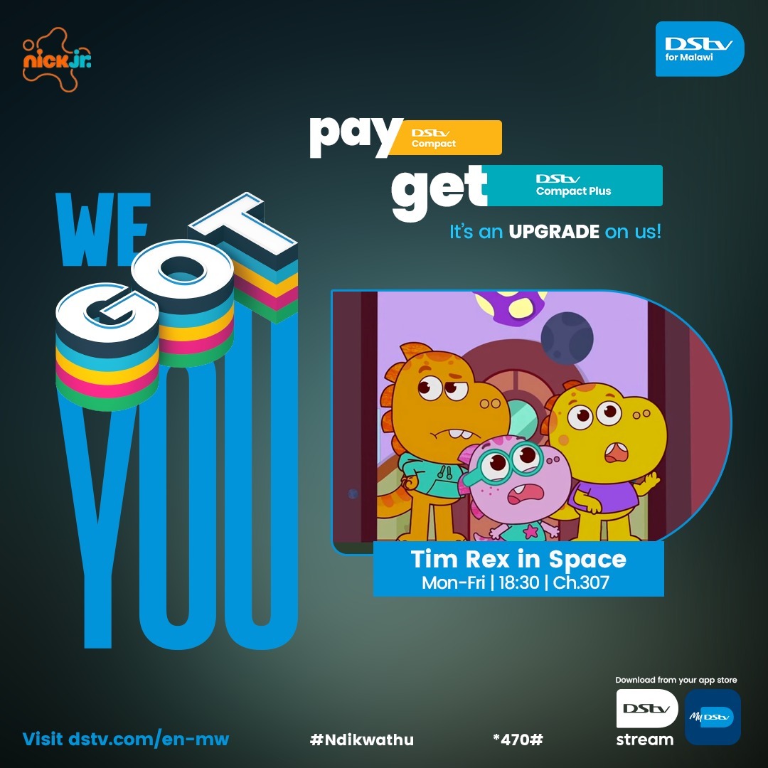 DStvForMalawi's tweet photo. It’s on us! Tim Rex in Space airs Mon–Fri at 18:30 on https://t.co/2nDnW0ADaK for your current package and get an upgrade to the next higher package on us, at no extra cost!​  🎉

#We'veGotYou #DStvForMalawi #MoreEntertainment #InstantUpgrade #ReconnectToDStv https://t.co/RXPlhdapwT