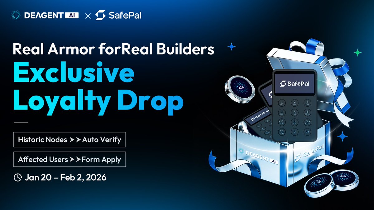 DeAgentAI's tweet image. DeAgentAI x @SafePal: Exclusive Loyalty Drop

📅 Jan 20 – Feb 2, 2026 
To OGs who ran nodes Day1 + degens who weathered the storm: this is for YOU. We’re gifting premium SafePal hardware wallets to our strongest supporters.💎

Eligibility – two paths:
 💙 Historic Node Holders…