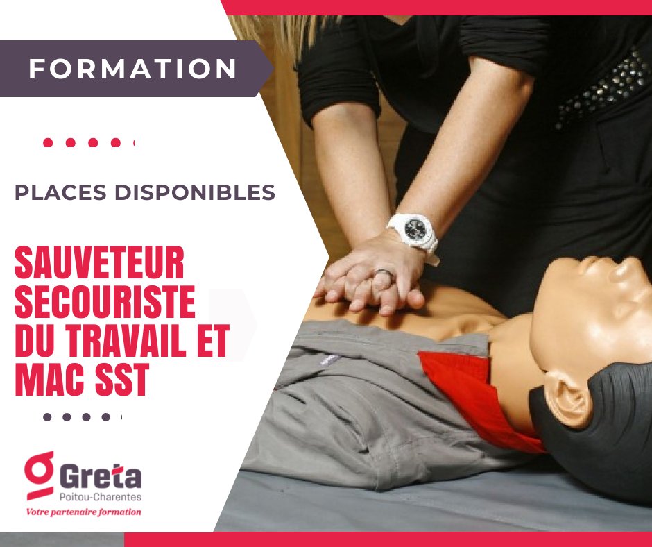 Formez vos équipes au 𝗦𝗦𝗧 et garantissez leur sécurité à Poitiers ! La formation Sauveteur Secouriste du Travail (𝗦𝗦𝗧) permet à vos salariés de réagir efficacement face à une urgence. 05 49 88 22 66 / commercial.greta.agence-poitiers@ac-poitiers.fr bit.ly/3GHTSKL