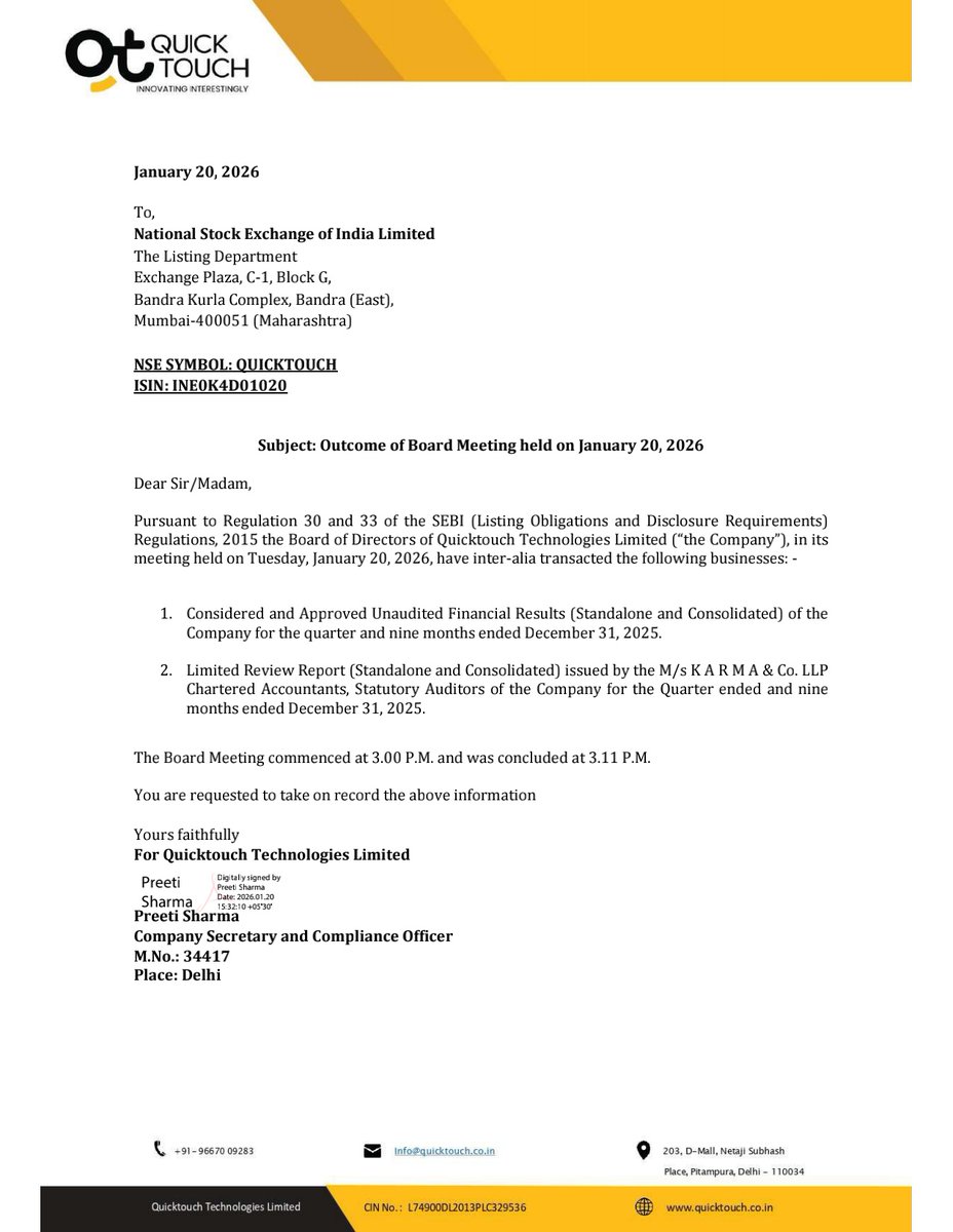 nileshkurhade's tweet photo. 📌 Quicktouch Technologies Limited informed the exchange about its approval for the financial results for the period ended December 31, 2025. #SME #QUICKTOUCH 📄🧾 https://t.co/K0PqKzzoST