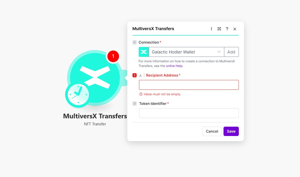 PrzemRzasa's tweet photo. Quick update. 

The "MultiversX Transfers - NFT Transfer" @MakeX_web3  module has been simplified, the nonce user input field has been removed and is not required anymore.
The nonce is being derived from full token identifier.