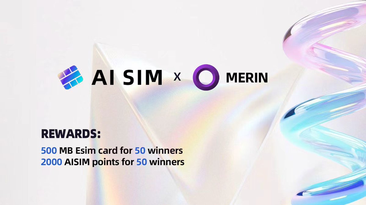 MerinWeb3's tweet image. MERIN &amp;amp; AISIM Partnership Giveaway🥳

🎁Complete the tasks to win 500MB eSIM Cards &amp;amp; 2,000 Points, 50 winners!

To enter: 
✅ Follow @MerinWeb3 &amp;amp; @AISIM_EN
✅ Like, RT, Tag 2 Friends &amp;amp; Leave your Telegram  ID
✅ Jon the Group 👉t.me/+hQrUe_ZEibFjN…

📅Ends 27th