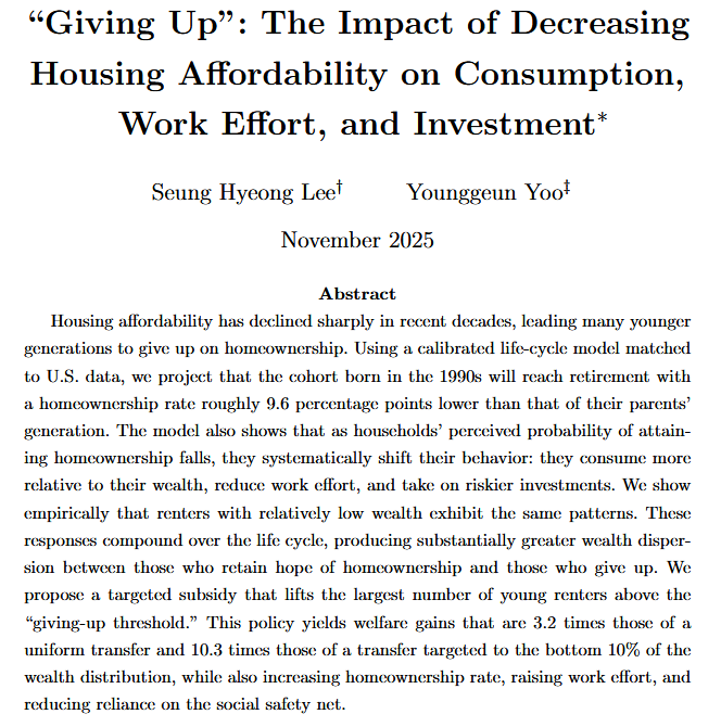 MxSba's tweet photo. Il faut relire ce papier magistral de Lee &amp; Yoo sur le concept de "Giving Up". Le rêve inaccessible de la propriété immobilière modifie les comportements d'épargne, de consommation et le rapport au travail (qui ne paie plus) des jeunes générations.

A extrapoler sur la natalité ? https://t.co/Z6aD8D720O