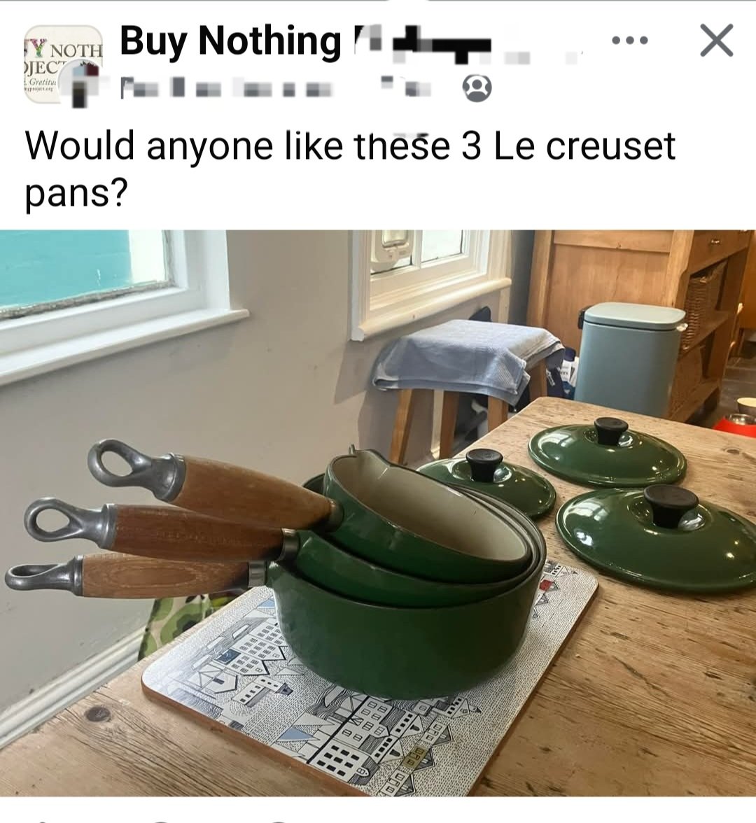 ฉันเคยเล่าเรื่องกรุ๊ป Buy Nothing แล้วใช่ไหม เป็นคอมมูที่บริจาคของใช้/เสื้อผ้าสภาพดี บางทีของใหม่ให้คนในชุมชนเดียวกันมารับ

กรุ๊ปของบ้านฉัน หนก่อนมีคนบริจาคตู้เย็น เครื่องซักผ้า(ใหม่) เมื่อวานคนมีบริจาคเซ็ตหม้อ Le Creuset 

อยากเห็นคอมมูแบบนี้เยอะ ๆ ในไทย