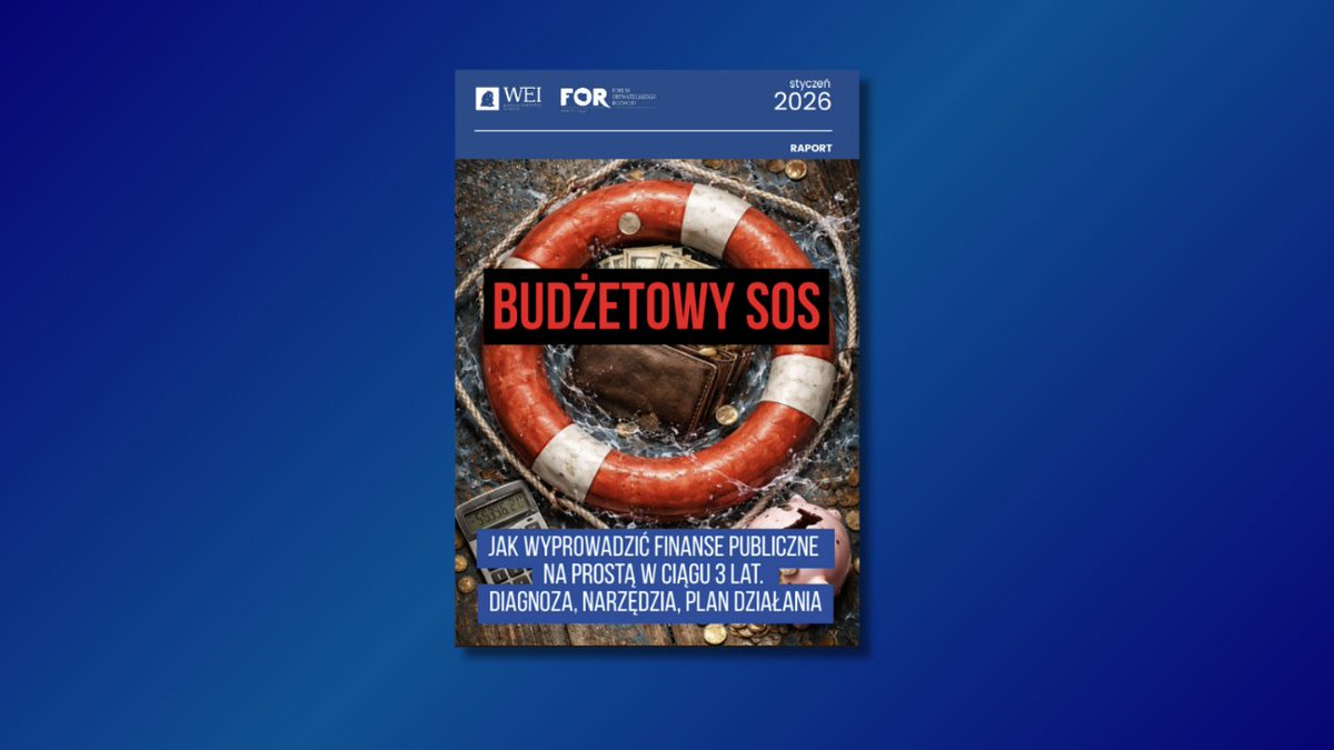 FundacjaWEI's tweet photo. Czy obecny poziom wydatków państwa jest możliwy do utrzymania w dłuższej perspektywie❓ A jeśli nie, to jakie kroki musimy podjąć już teraz, aby uniknąć gwałtownego pogorszenia standardu życia obywateli❓

📝 Warsaw Enterprise Institute wraz z @FundacjaFOR  opublikowały raport „Budżetowy SOS. Jak wyprowadzić finanse publiczne na prostą w ciągu 3 lat”, w którym eksperci analizują kondycję kasy państwa i przedstawiają diagnozę stanu finansów publicznych w Polsce i prezentują konkretne rekomendacje, niezbędne do redukcji deficytu.

Debata o finansach państwa często brzmi technicznie, ale jej skutki są bardzo konkretne. To od niej zależy, ile pieniędzy zostaje w portfelach pracujących i jak szybko rosną wynagrodzenia. 

📊  Raport pokazuje, że uporządkowanie finansów publicznych jest możliwe w ciągu trzech lat, jeśli działania będą konsekwentne. 

Zapraszamy do zapoznania się z raportem👇
https://t.co/knNsNXM1Hz