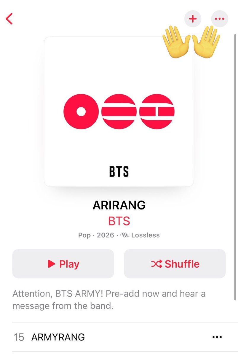 ARMYonAM's tweet image. How to pre-add #ARIRANG on Apple Music 🍎 
1- click the link it will take you to the album —&amp;gt; tap the add sign (+) in the top right corner 
And that's it!! 
You can find the album in your library with the tracks not available of course 
music.apple.com/us/album/arira…