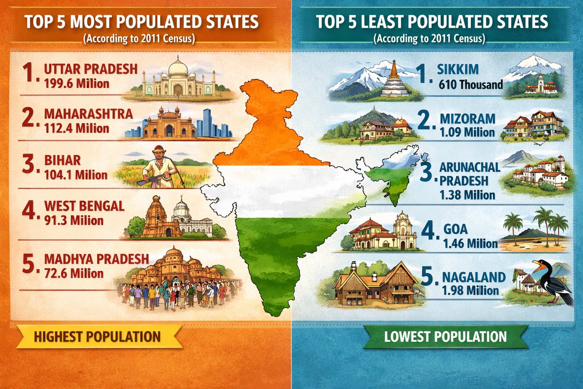 Edufy_GS's tweet photo. Population Distribution in India (2011 Census)
��� Most Populated States:
Uttar Pradesh, Maharashtra, Bihar, West Bengal, Madhya Pradesh
🔻 Least Populated States:
Sikkim, Mizoram, Arunachal Pradesh, Goa, Nagaland
👉 Important for UPSC Prelims &amp; GS Paper I
#UPSC #IndianDemography https://t.co/gT5bWMYQy9