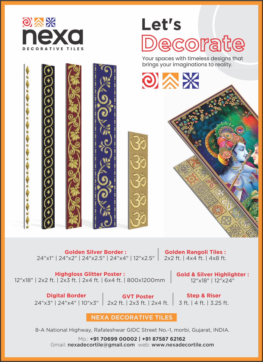Nexa Decorative Tiles, Ceramic Decorator, Ceramic India, 
ceramicindia.com/company-detail…
#ceramic  #3dtiles #decorators  #decorative #woodplanks #border #god #poster #step #riser #india #morbi #gujarat #manufacturers #tiles #exporter #digital