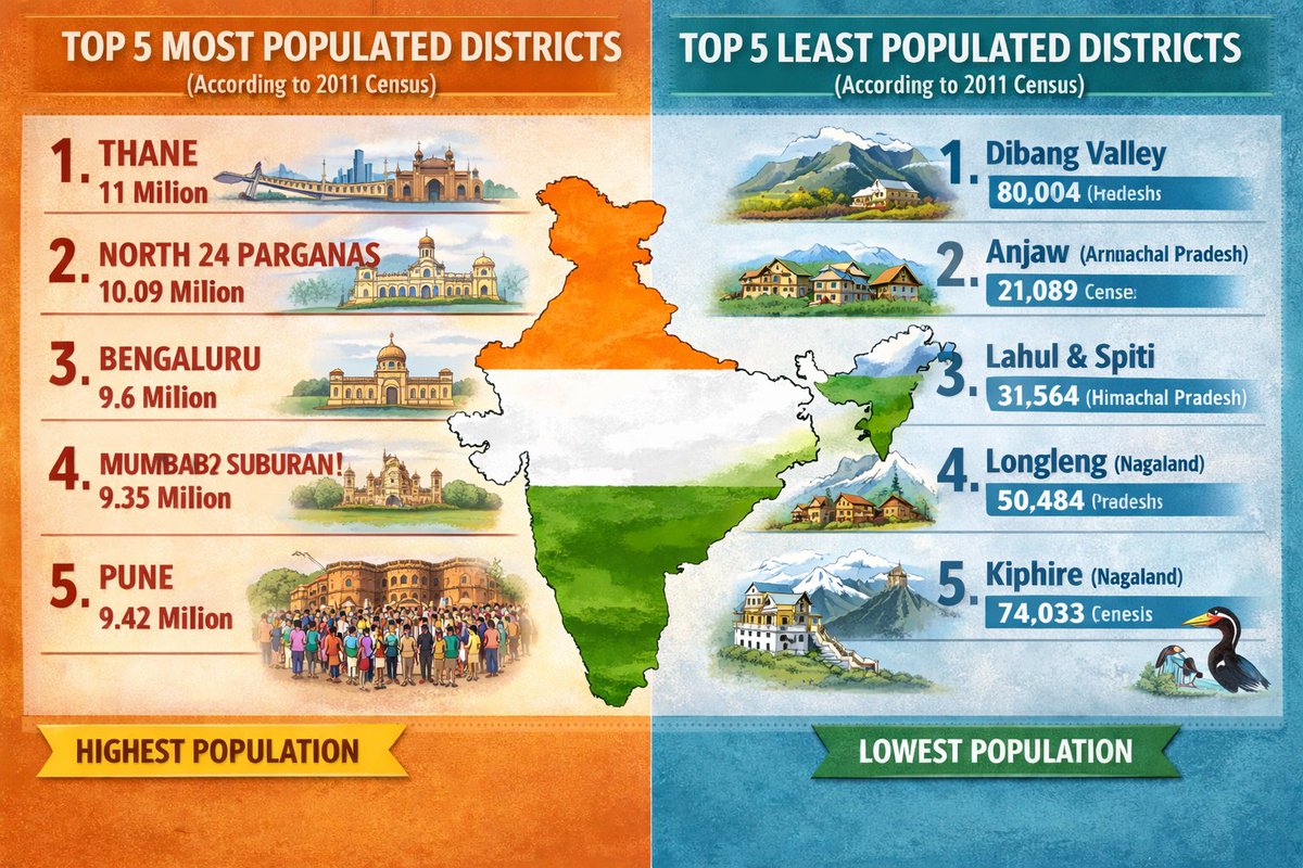 Edufy_GS's tweet photo. Population Extremes at District Level (Census 2011)
🔺 Most Populated Districts:
Thane, North 24 Parganas, Bengaluru Urban, Mumbai Suburban, Pune
🔻 Least Populated Districts:
Dibang Valley, Anjaw, Lahaul &amp; Spiti, Longleng, Kiphire
📌 High-yield facts for UPSC Prelims &amp; GS Paper1 https://t.co/P7a2evlv5n