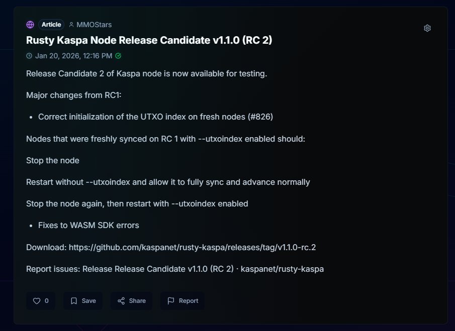 $KAS node's RC2 is out. Most important fix for builders using WASM for their apps:  kaspa.social/post/rusty-kas…