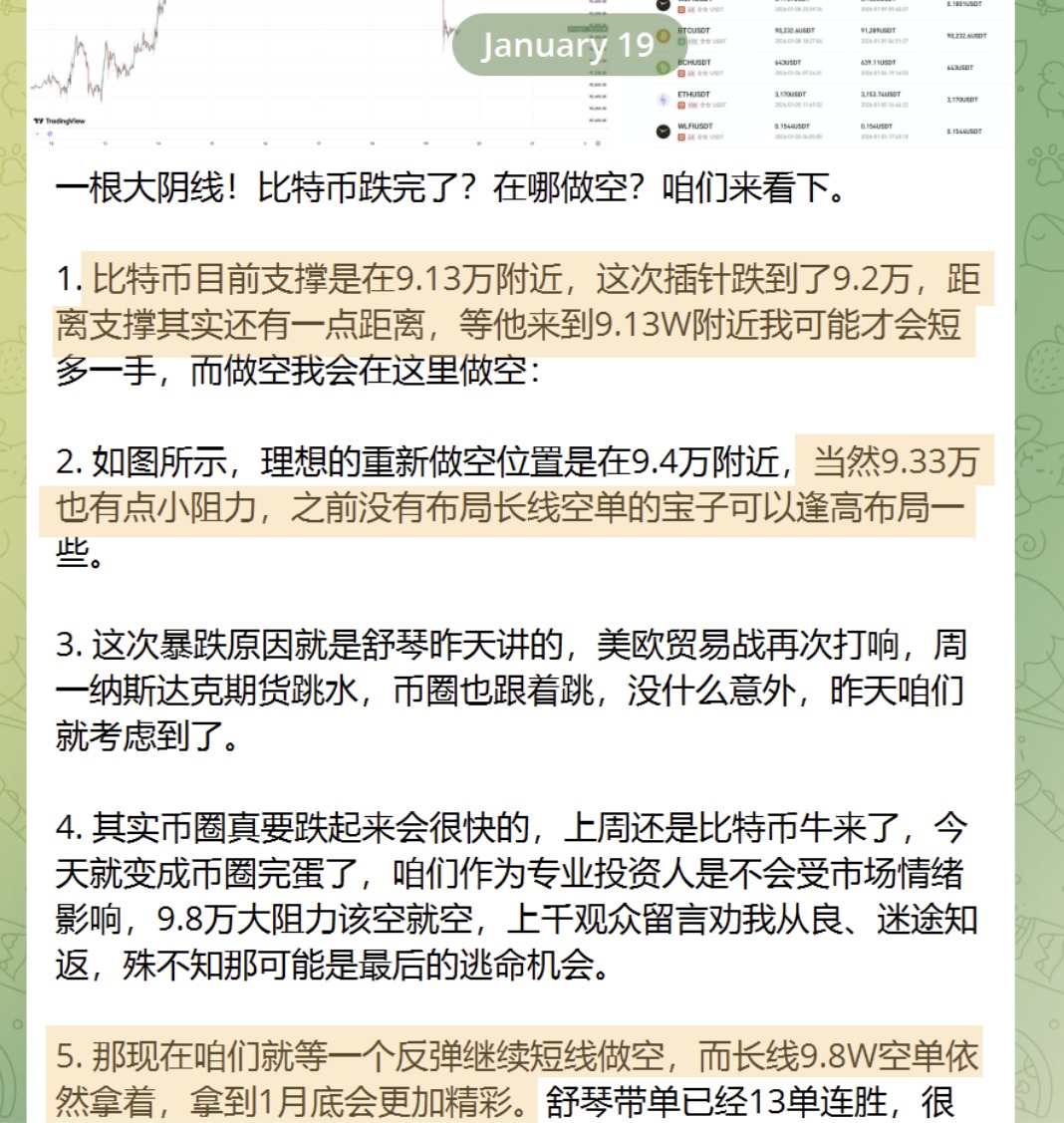 比特币大跌！还会继续跌？可以抄底吗，咱们来看下。 1.  BTC现在基本是G了，MACD日线死叉宣告反弹浪终结，重回长线的下行周期，至少到1月底议息会议前都会疲软。那现在短线跌这么多，可以做反弹吗？ 2.  比特币9.1附近其实是有一定支撑的，这个昨天咱们就讲过，激进的宝子 ...